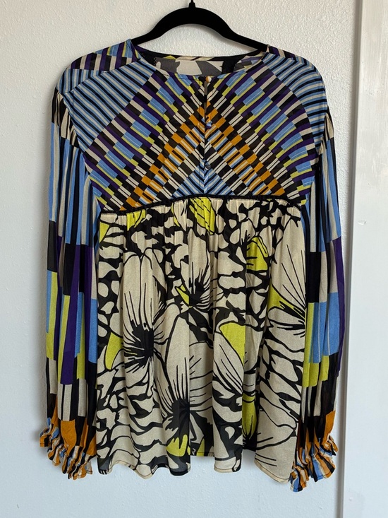 Anthropologie Black Cream Yellow Blue Floral Striped Long-Sleeve Blouse - Picture 3 of 5